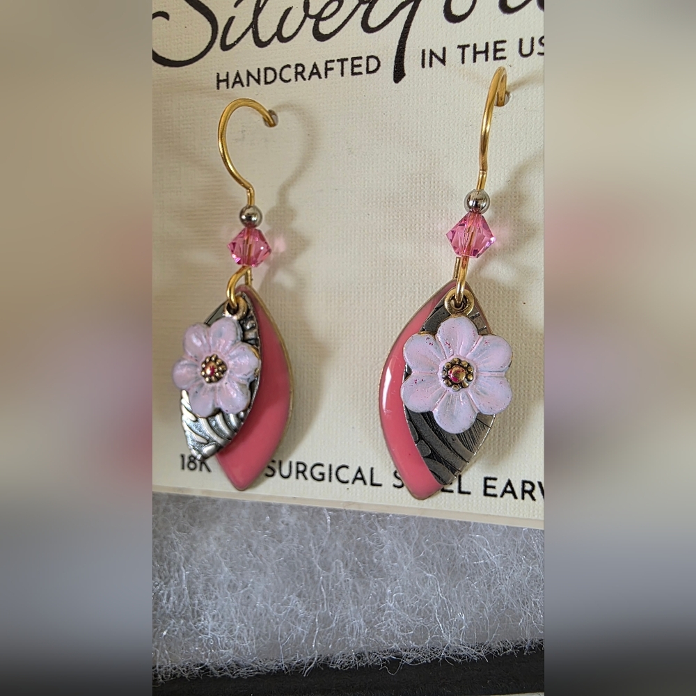Silver Forest Pink Floral Drop Earrings with Gold Hooks